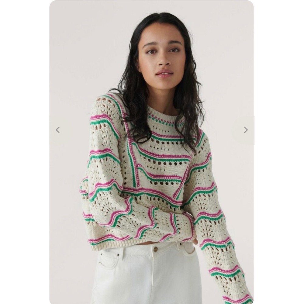 BA&SH Hicham Jumper Sweater XS Cream Pink Green Striped Pointelle Open Knit Boho